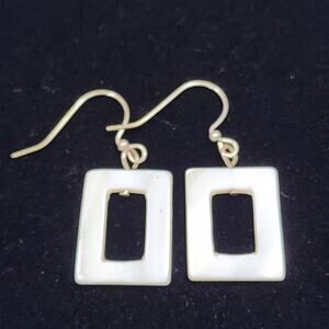Mother of Pearl Open Fram Rectangular Silver Tone French Hook Earrings Vintage